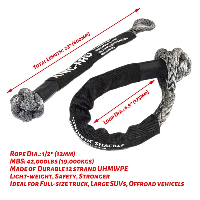 KING-PRO Synthetic Soft Shackle 1/2""x24"" Soft Shackle 42 000lbs Breaking Strength Recovery Rope Shackle with Protective Sleeves for Full-Size Truck Large SUVs Offroad Vehicels 2-Pack (Black-Gray) - Image 3